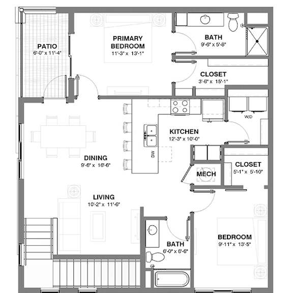 Thumbnail 1 of 2 Two-bedroom apartment floor plan with an open living and dining area, central kitchen, two bathrooms, a patio off the primary bedroom, and an attached garage below.