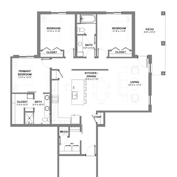Thumbnail 1 of 2 Three-bedroom apartment floor plan with open kitchen and dining area, spacious living room, two bathrooms, in-unit laundry, private patio, and attached garage.