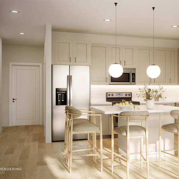 Thumbnail 2 of 2 Rendering of bright townhome apartment kitchen with light cabinetry, stainless steel appliances, center island, and pendant lighting.