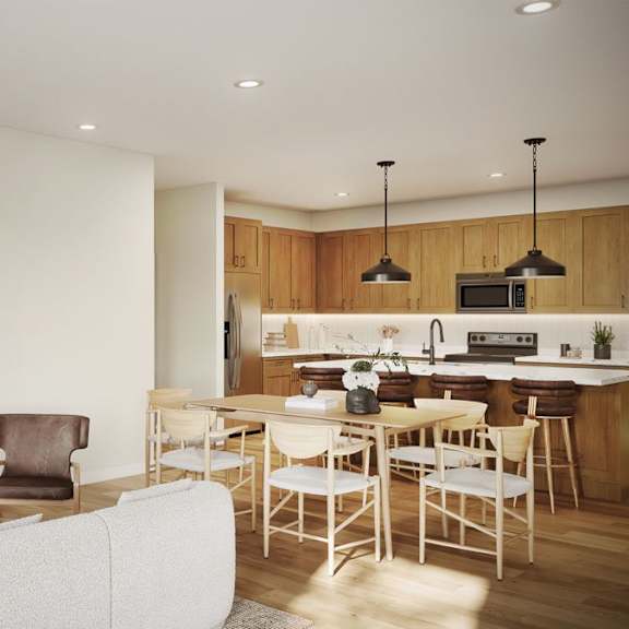 Thumbnail 2 of 2 Rendering of open-concept townhome apartment living and dining area with wood cabinetry, kitchen island seating, and large wall-mounted TV.