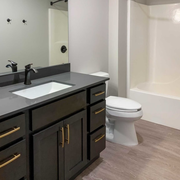 Thumbnail 14 of 20 a bathroom with a vanity sink that has dark cabinets and countertops