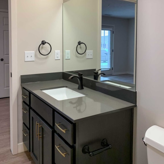 Thumbnail 15 of 20 a bathroom with a vanity sink that has dark cabinets and granite countertop