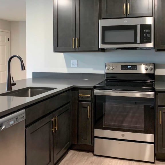 Thumbnail 3 of 20 a kitchen with dark cabinets and stainless steel appliances