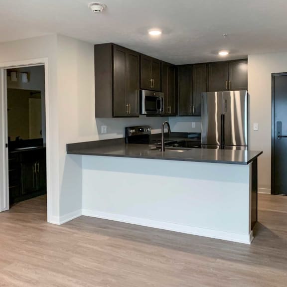 Thumbnail 8 of 20 a kitchen with dark cabinets and counter tops and stainless steel appliances