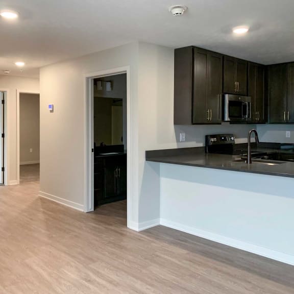 Thumbnail 9 of 20 a kitchen with dark cabinets and a living room with wooden flooring