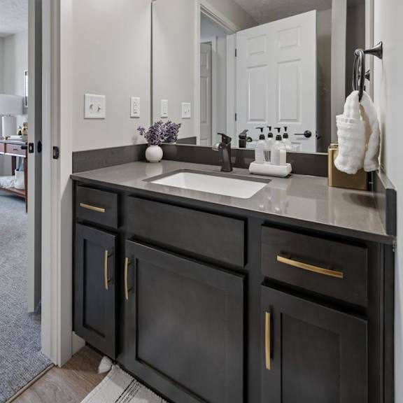 Thumbnail 36 of 39 Apartment bathroom vanity with dark cabinetry, framed mirror, and modern lighting.