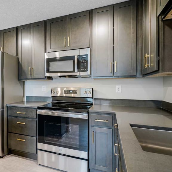 Thumbnail 9 of 29 a kitchen with stainless steel appliances and dark cabinets