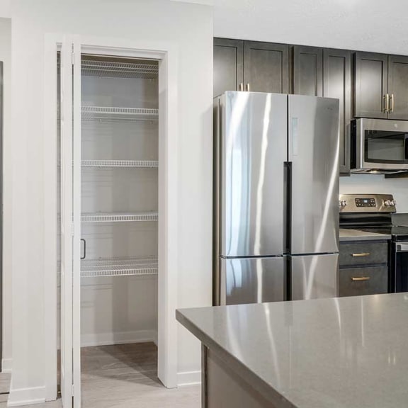 Thumbnail 7 of 29 a pantry with built in shelving next to a kitchen with dark cabinets