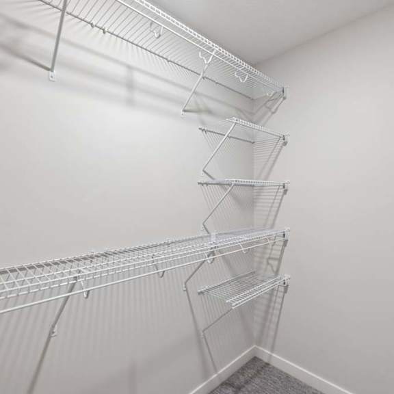 Thumbnail 33 of 36 Walk-in closet with built-in wire shelving, multiple hanging racks, and neutral finishes.