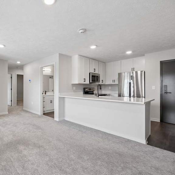 Thumbnail 24 of 36 Open apartment living area with neutral carpeting, breakfast bar, and kitchen with stainless steel appliances.