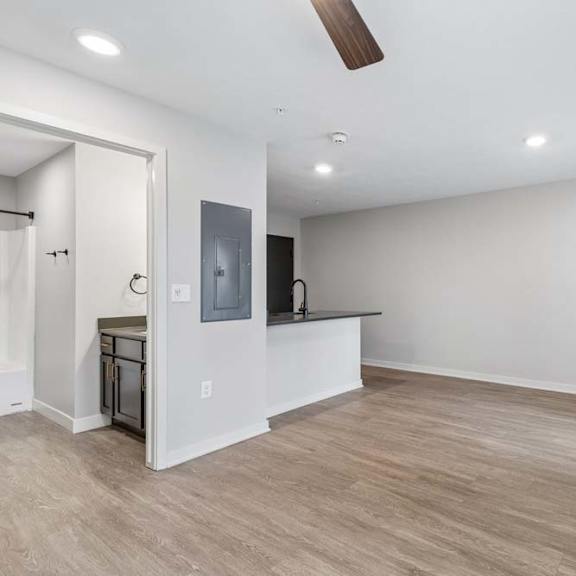Thumbnail 37 of 52 Spacious apartment living room with wood-style flooring, recessed lighting, a ceiling fan, and an open layout connecting to the kitchen with a breakfast bar.