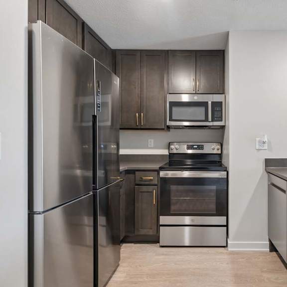 Thumbnail 44 of 52 Modern apartment kitchen with dark cabinetry, stainless steel appliances, a deep undermount sink with a pull-down faucet, and a functional open layout.