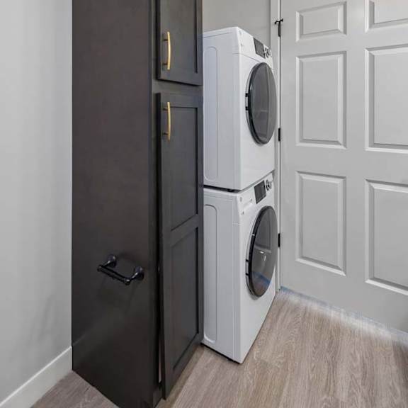 Thumbnail 50 of 52 Stacked front-load washer and dryer with a tall dark storage cabinet in an apartment laundry closet featuring light flooring and a white paneled door.