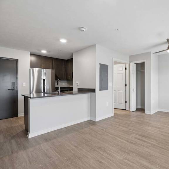Thumbnail 46 of 52 Bright open-concept apartment living room with wood-style flooring, recessed lighting, a ceiling fan, and a kitchen featuring dark cabinetry, stainless steel appliances, and a breakfast bar.