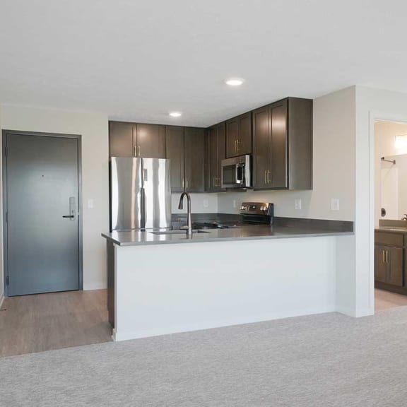 Thumbnail 10 of 19 A kitchen featuring dark cabinets and stainless steel appliaces behind a large carpeted main room