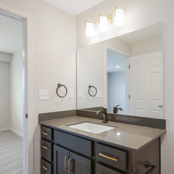 Thumbnail 14 of 17 a bathroom with a vanity sink with dark cabinets and a mirror