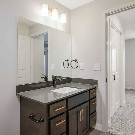 Thumbnail 29 of 30 The primary attached bathroom featuring a vanity sink with dark cabinets