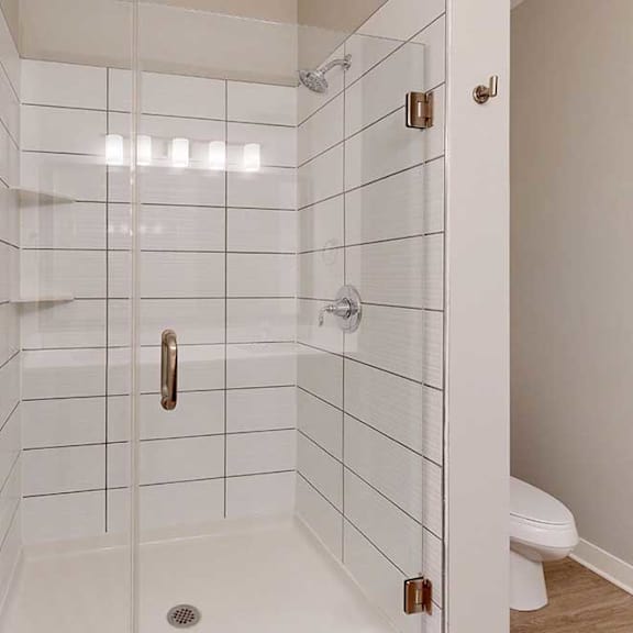 Thumbnail 17 of 27 A bathroom with a tiled walk-in shower with a glass door.
