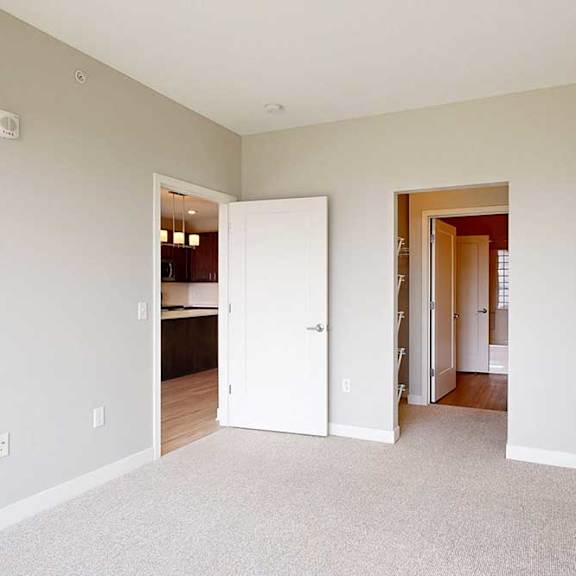 Thumbnail 19 of 27 A carpeted bedroom with an attached walk-through closet connected to a bathroom.