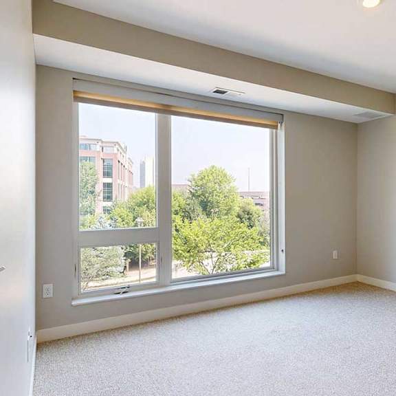 Thumbnail 16 of 29 A carpeted bedroom with a floor-to-ceiling window.