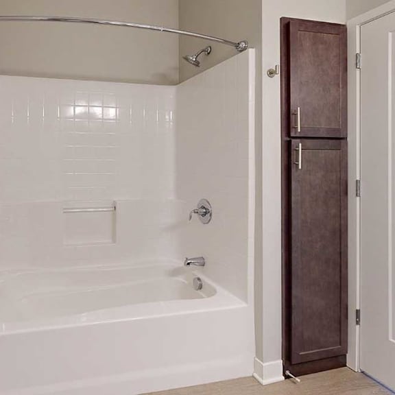 Thumbnail 29 of 29 A bathroom with a tub shower and linen cabinets.