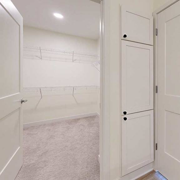 Thumbnail 18 of 23 Open door revealing a spacious closet with beige carpet and empty wire shelving. White walls and cabinetry create a clean, minimalist feel.