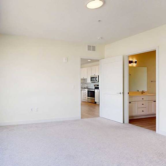 Thumbnail 14 of 23 Bright, empty bedroom with beige carpet and a large window. Open doors reveal a modern kitchen and bathroom, creating a clean, inviting atmosphere.