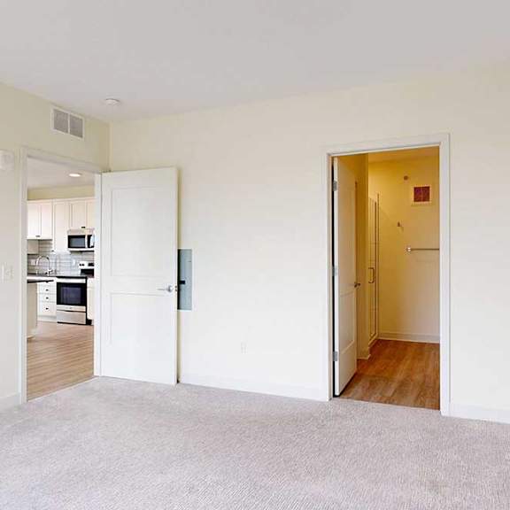 Thumbnail 22 of 26 A white room with a carpeted floor and two open doors.