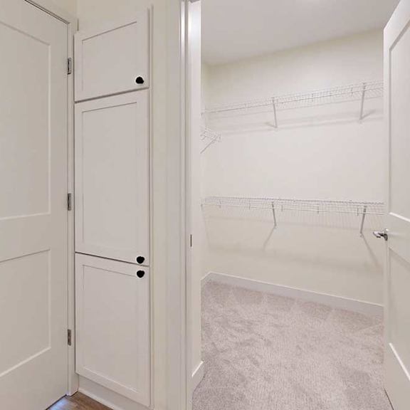 Thumbnail 25 of 26 White walk-in closet with beige carpet and wire shelving against cream walls.
