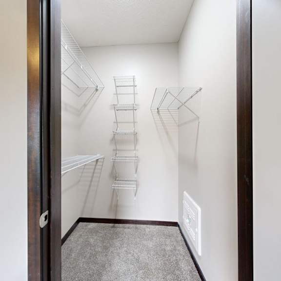 Thumbnail 8 of 9 A walk-in closet with a carpeted floor and white walls.