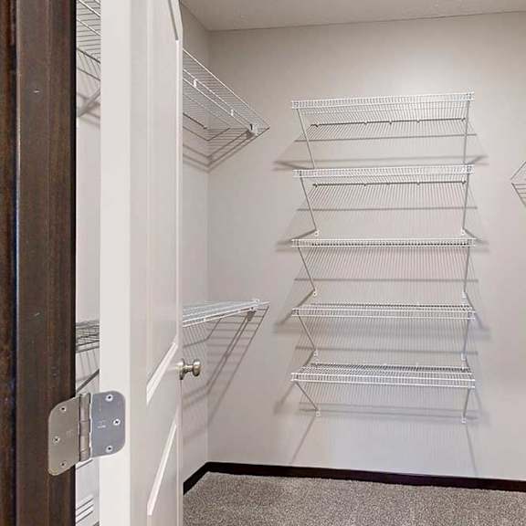 Thumbnail 24 of 25 An oversized walk-in closet with several built-in wire shelves.