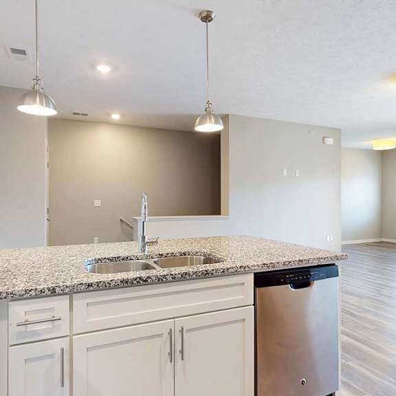 Thumbnail 15 of 26 A kitchen peninsula counter with white cabinets, a stainless steel dishwasher, and a double basin sink, in front of a living room.