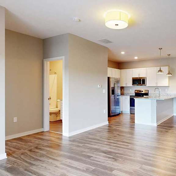 Thumbnail 16 of 26 A living room with hardwood-style flooring and kitchen with white wooden cabinets.
