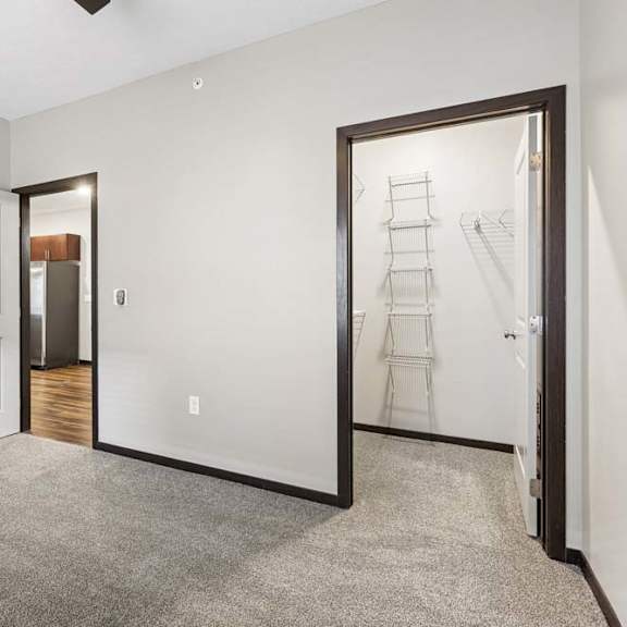 Thumbnail 13 of 14 Spacious bedroom with neutral walls, soft carpeting, and a walk-in closet, offering a clean and versatile apartment layout.