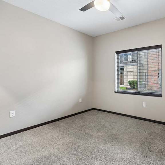 Thumbnail 12 of 14 Empty bedroom with plush carpet, neutral finishes, and a large window providing natural light and exterior views.