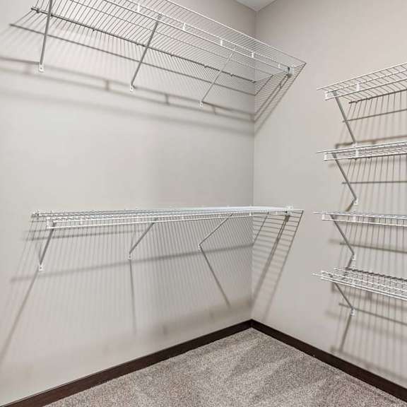 Thumbnail 16 of 18 Walk-in closet with wire shelving, carpet flooring, and ample storage space for apartment living.