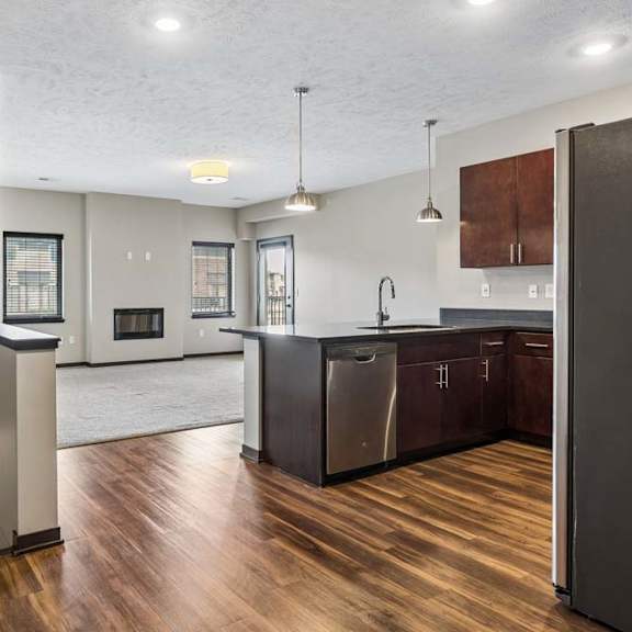 Thumbnail 5 of 18 Open-concept apartment kitchen and living area with wood-look flooring, pendant lighting, and abundant natural light.
