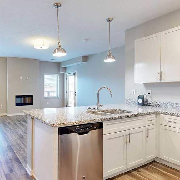 Thumbnail 24 of 26 A kitchen with a stainless steel dishwasher and a granite countertop.