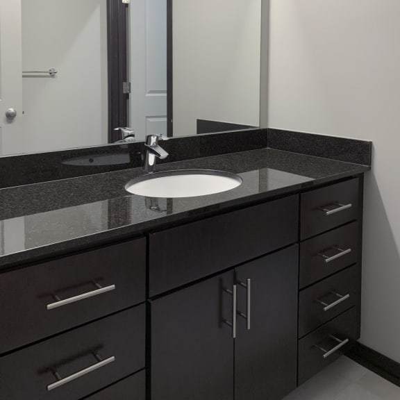 Thumbnail 20 of 26 Bathroom with dark brown vanity and linen cabinet for storage and large mirror