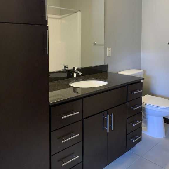 Thumbnail 18 of 26 Bathroom with dark brown vanity and linen cabinet for storage and large mirror