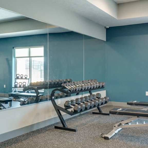 free weights and benches in the 24 hour fitness center at the villas at mahoney park