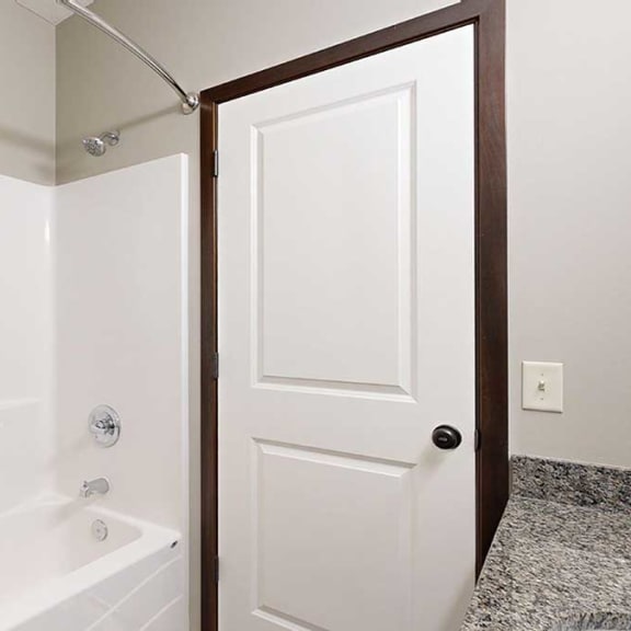 Thumbnail 20 of 22 a white shower and tub in a bathroom with granite countertops