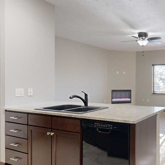 Thumbnail 8 of 22 a kitchen countertop with a double-bowl sink in front of a large living room