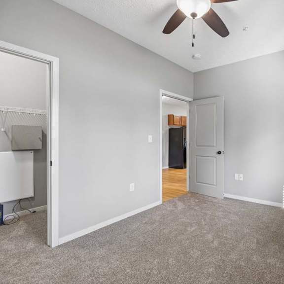 Thumbnail 10 of 16 Empty apartment bedroom with carpet, ceiling fan, gray walls, window with blinds, and closet access.