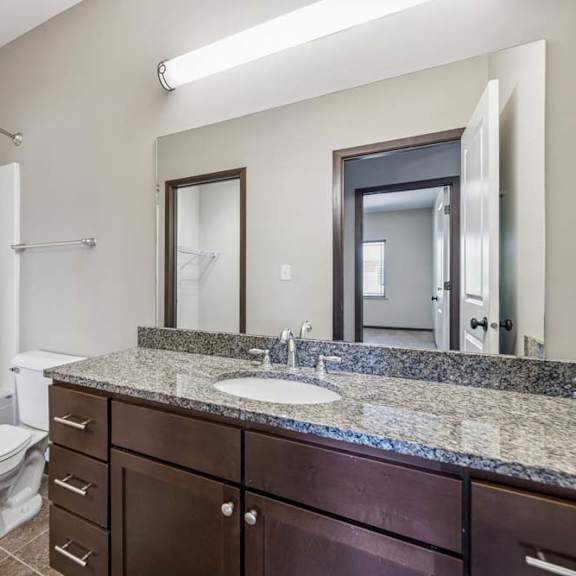 Thumbnail 36 of 48 Apartment bathroom with granite-style vanity, dark cabinets, large mirror, toilet, and glass-door shower.