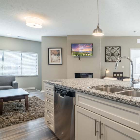 Thumbnail 9 of 23 A modern kitchen with granite countertops and stainless steel appliances.