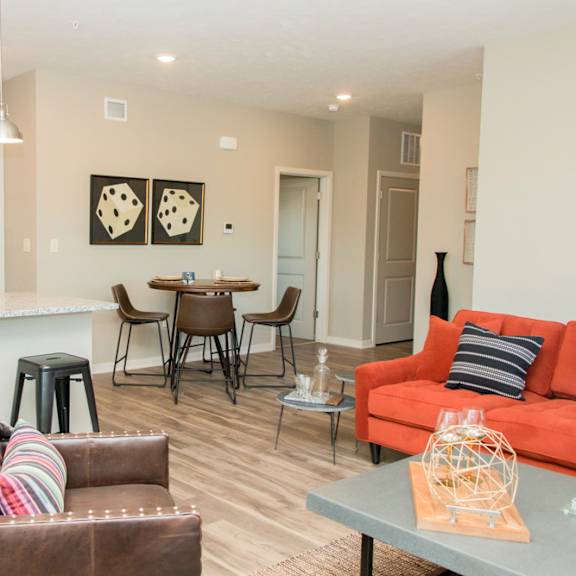 open layout with living room and kitchen with stainless steel appliances at villas at mahoney park apartments
