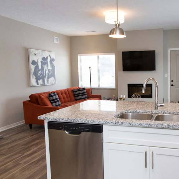 Thumbnail 4 of 13 A kitchen with a granite countertop and a stainless steel dishwasher.