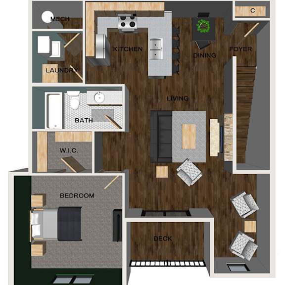 Thumbnail 1 of 17 A floor plan of a one bedroom apartment with a living room, dining room, kitchen, and laundry.