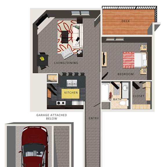 Thumbnail 1 of 2 A floor plan of a one bedroom villa with a garage and a car.
